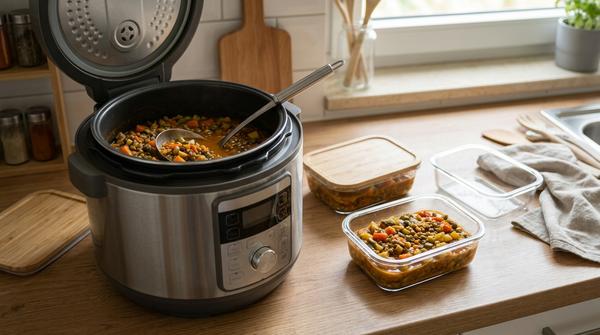 Multikocher mit vorbereitetem Eintopf und Meal-Prep-Portionen in einer modernen Küche