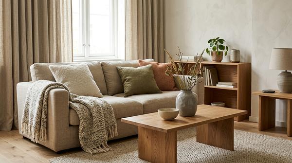 Modernes Wohnzimmer mit Leinen, Wolle, Holz und Keramik für mehr Struktur