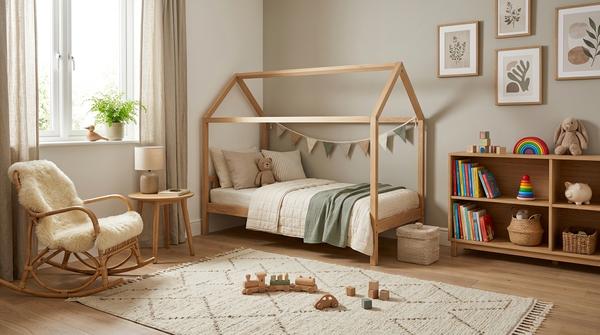 Kinderzimmer in Beige, Salbeigrün und hellem Holz mit ruhigem Teppich