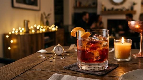 Alkoholfreier Nogroni mit Eis und Orangenschale für Silvester