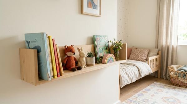 Offenes Regal mit Büchern und wenigen Lieblingsstücken in einem Mädchenzimmer