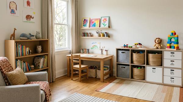 Kinderzimmer mit offenen Lieblingsstücken und geschlossenem Stauraum für Spielzeug