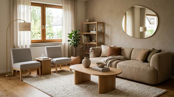 Modernes Wohnzimmer mit ovalem Couchtisch, rundem Spiegel und weichen Möbelformen