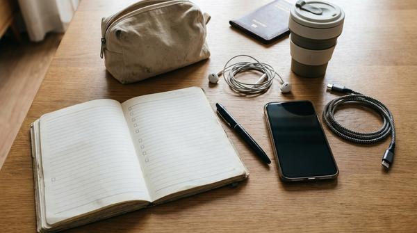 Notizbuch mit Packliste, Smartphone und Reiseutensilien auf einem Tisch