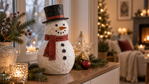 Selbst gebastelter Schneemann aus Pappmaché mit weißer Oberfläche und Stoffschal