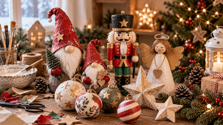 Weihnachtliche Pappmaché-Deko mit Wichteln, Nussknacker, Engel, 3D-Stern und selbst gemachten Weihnachtskugeln