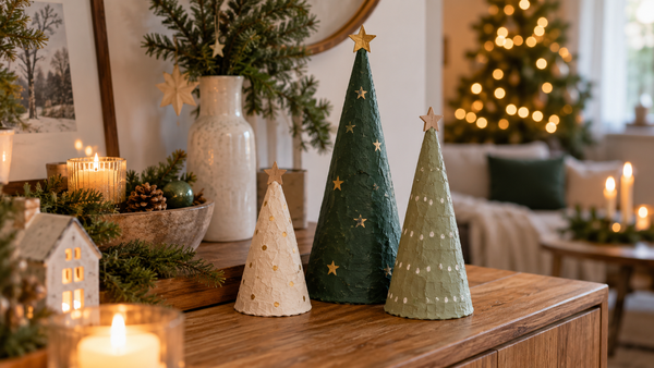 Drei unterschiedlich große Weihnachtsbäume aus Pappmaché in moderner Farbwelt