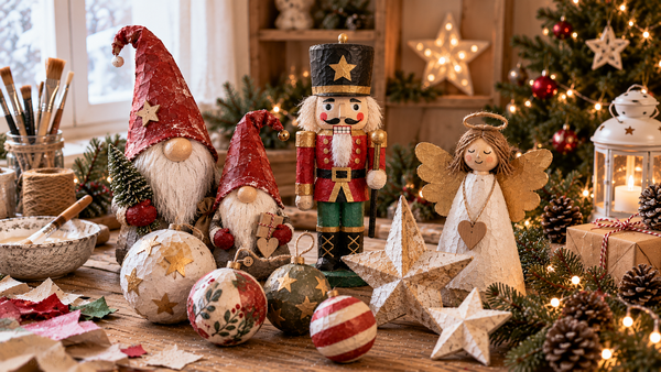 Mehrere selbst gebastelte Pappmaché-Weihnachtsfiguren mit Wichteln, Nussknacker, Engel, Sternen und Kugeln auf einem festlichen Basteltisch