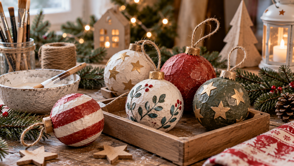 Selbst gemachte Weihnachtskugeln und Anhänger aus Pappmaché in verschiedenen Designs