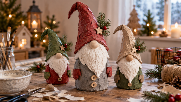 Weihnachtswichtel aus Pappmaché mit Kegelkörper, großer Nase und Mütze