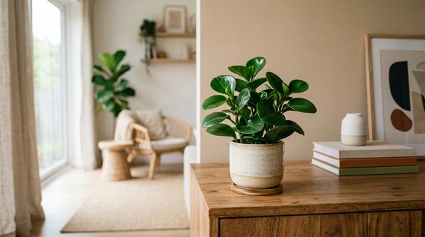 Kompakte Peperomia obtusifolia auf einem modernen Wohnzimmer-Sideboard
