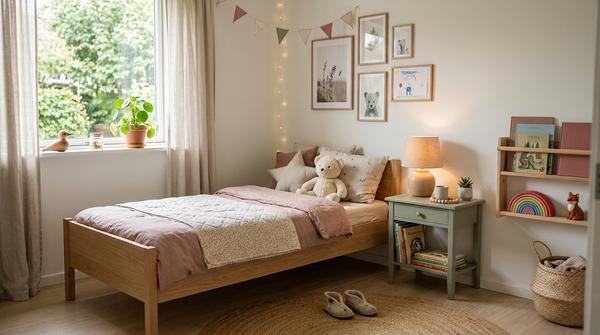 Persönliche Dekoration und Lieblingsstücke in einem ruhigen skandinavischen Mädchenzimmer
