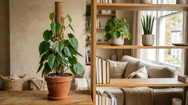 Kletternder Herzblatt-Philodendron an einer dezenten Rankhilfe im Wohnzimmer