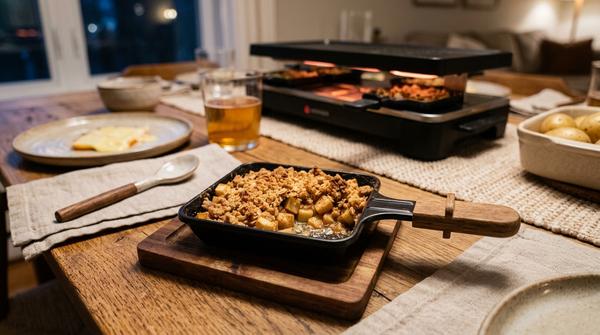 Raclette-Pfännchen mit warmen Äpfeln, Zimt und goldenen Streuseln