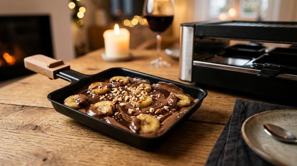 Raclette-Pfännchen mit warmer Banane und geschmolzener Schokolade