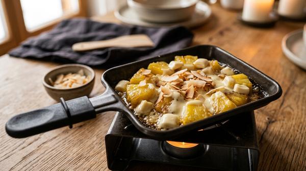 Raclette-Pfännchen mit warmer Ananas, Kokos und weißer Schokolade