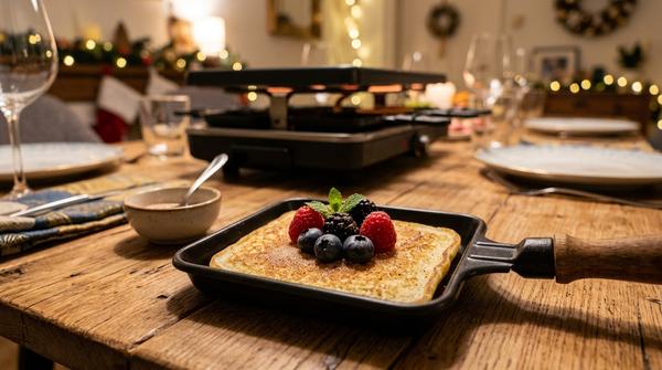 Kleiner Pfannkuchen im Raclette-Pfännchen mit frischen Beeren