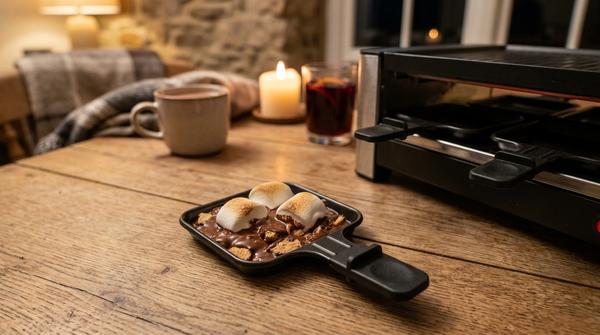 Raclette-Pfännchen mit Keksen, geschmolzener Schokolade und gerösteten Marshmallows