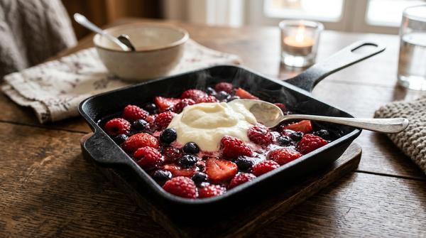 Warme frische Beeren im Raclette-Pfännchen mit kaltem Vanillequark
