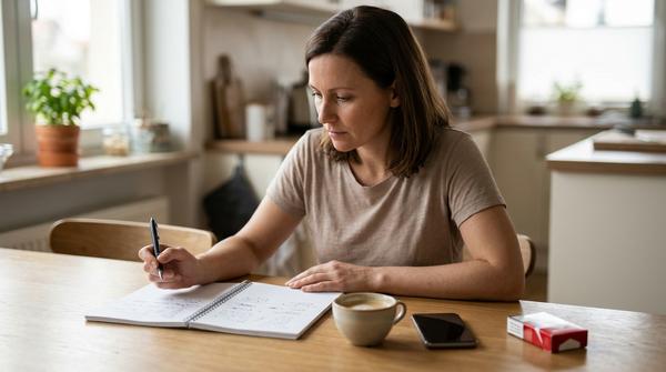 Person notiert typische Rauch-Auslöser wie Kaffee, Stress und Arbeitspause
