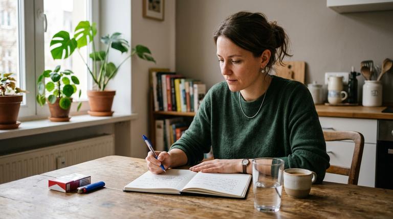 Person plant den Rauchstopp mit Notizbuch, Wasser und weggelegten Zigaretten