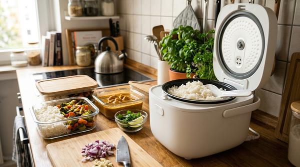Reiskocher mit fertig gekochtem Reis und vorbereiteten Meal-Prep-Zutaten