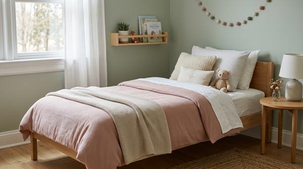 Kinderbett mit ruhiger Bettwäsche in sanften Farben in einem skandinavischen Zimmer