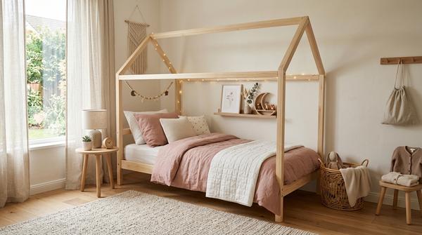 Schlichtes Kinderbett aus hellem Holz in einem skandinavischen Mädchenzimmer
