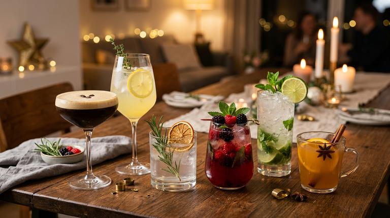 Auswahl verschiedener Silvester-Cocktails mit und ohne Alkohol auf einem festlich gedeckten Tisch