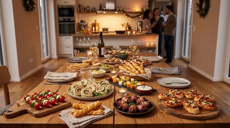 Silvester-Fingerfood-Buffet mit verschiedenen einfachen kalten und warmen Snacks