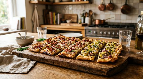 Knusprige Flammkuchen-Ecken mit Speck oder Lauch für Silvester