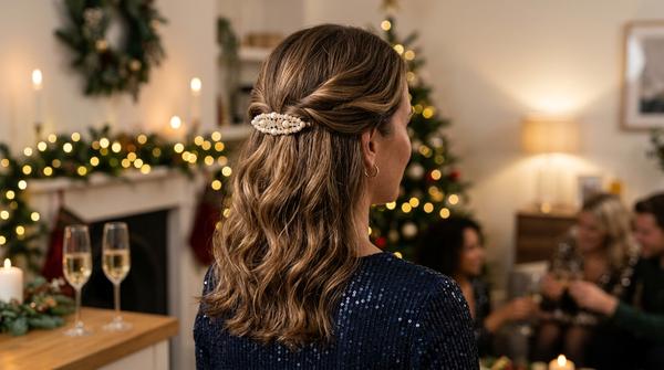 Half-Up Waves mit festlicher Statement-Haarspange für Silvester