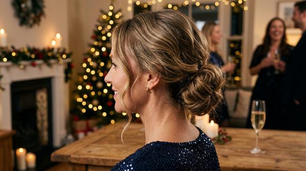 Messy Low Bun mit lockeren Frontsträhnen als einfache Silvester-Frisur