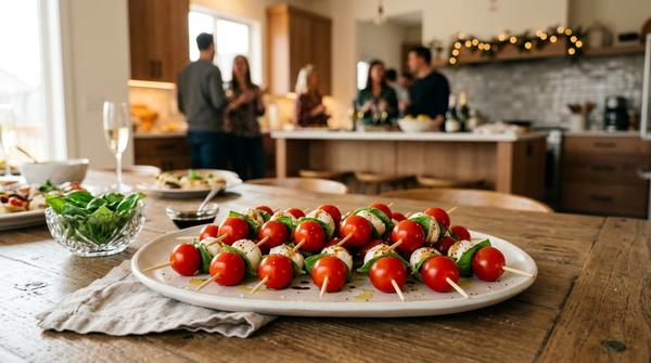 Mini-Caprese-Spieße mit Tomaten, Mozzarella und Basilikum für Silvester
