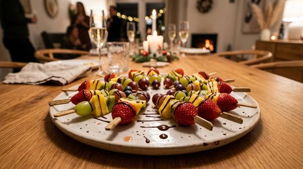 Mini-Obstspieße mit Schokolade als süßes Fingerfood für Silvester