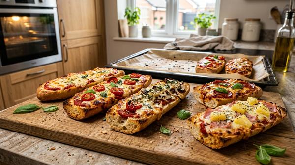 Überbackene Mini-Pizzen aus Baguette für das Silvester-Fingerfood-Buffet