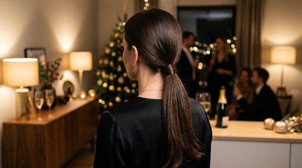 Tiefer Sleek Ponytail mit umwickelter Haarsträhne als elegante Silvester-Frisur