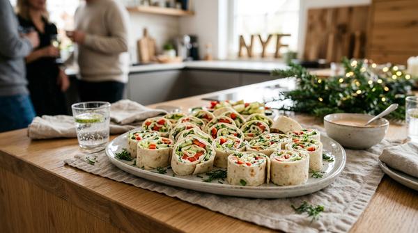 Wrap-Röllchen mit Frischkäse und Gemüse als kaltes Silvester-Fingerfood