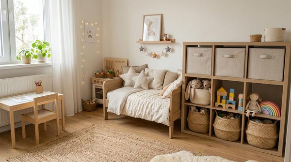 Aufbewahrungskörbe und ruhig eingeräumtes Spielzeug in einem skandinavischen Mädchenzimmer