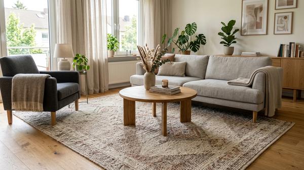 Modernes Wohnzimmer mit großem Teppich, der Sofa, Sessel und Couchtisch optisch verbindet