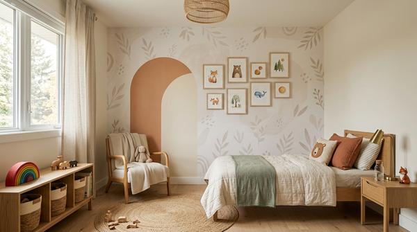 Kinderzimmer mit einer persönlichen Statement-Wand und ruhiger Einrichtung