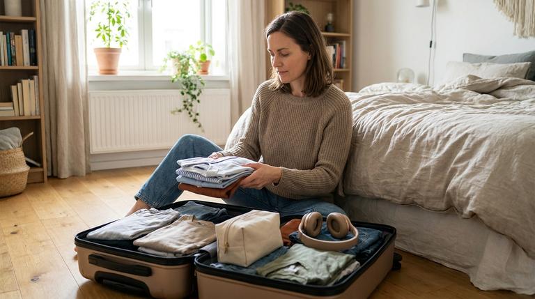 Frau packt entspannt einen geöffneten Reisekoffer auf dem Bett