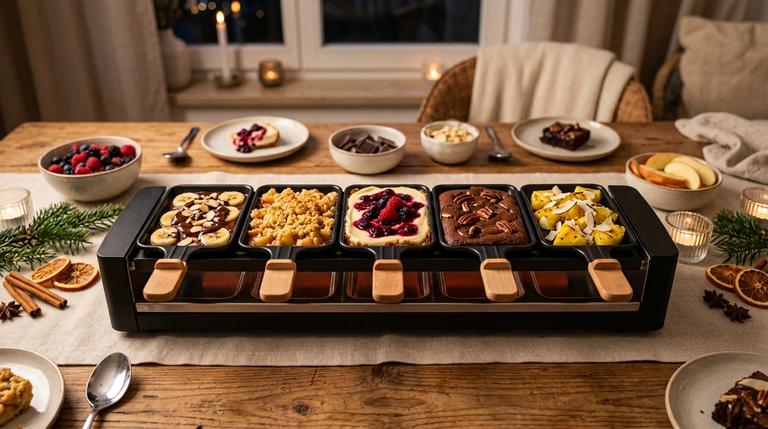 Verschiedene süße Raclette-Pfännchen mit Schokolade, Obst, Crumble und Brownie