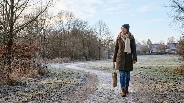 Person bei einem Winterspaziergang im Tageslicht als Symbol für Zeit im Freien und Vitamin-D-Bildung