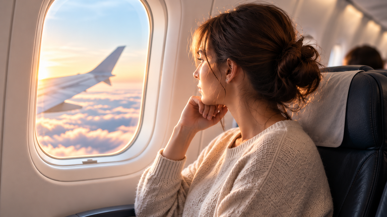 Frau sitzt im Flugzeug am Fenster und schaut ruhig auf Wolken und Flugzeugflügel