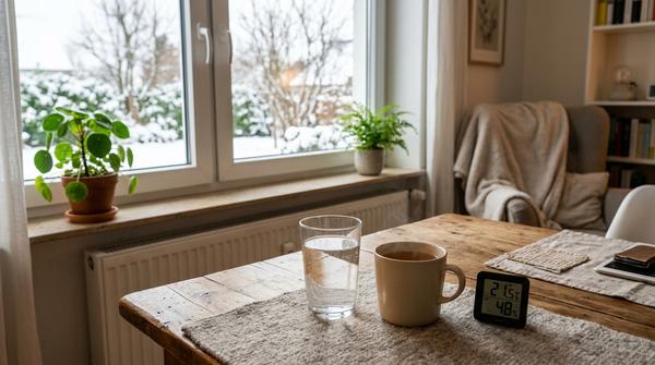 Glas Wasser und Hygrometer in einem modernen Wohnraum als Symbol für Trinken und angenehmes Raumklima