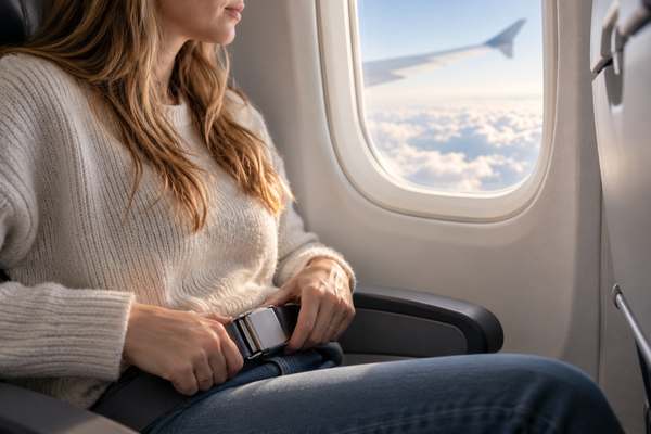 Frau schließt ihren Sitzgurt im Flugzeug während des Flugs