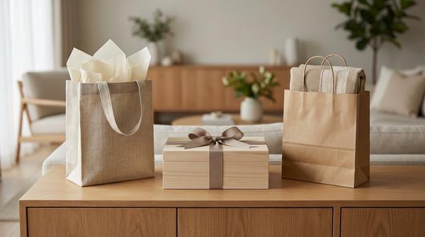 Geschenktüte, Geschenkbox und Papiertüte als Verpackung für unförmige Geschenke