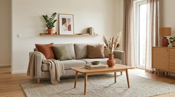 Modernes Wohnzimmer mit Taupe, Terrakotta, Olivgrün und warmen Naturtönen