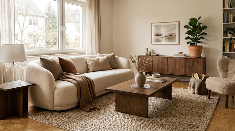 Modernes Wohnzimmer mit organischen Formen, warmen Naturtönen und dunklem Holz